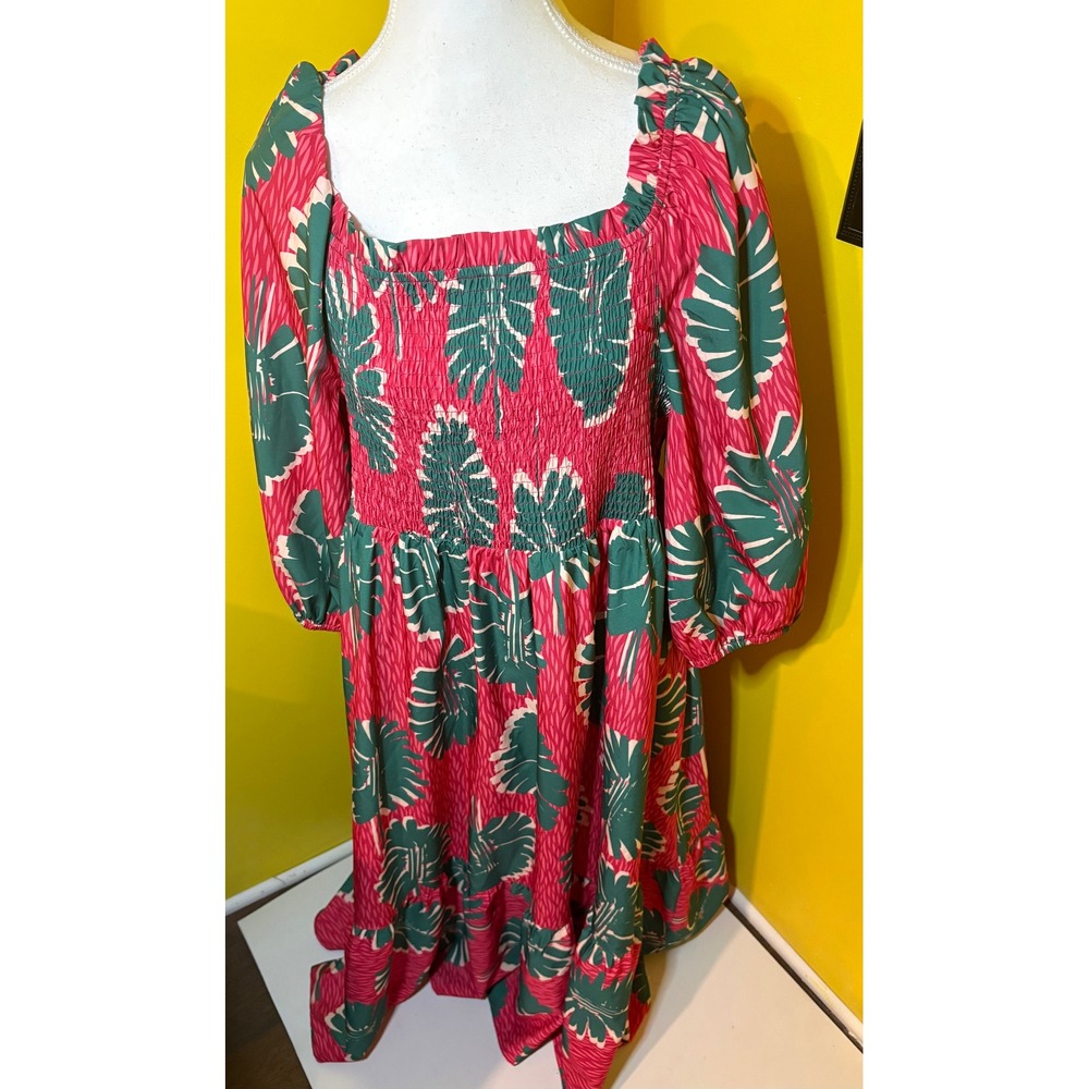 Buxom Curvy 3X Plus Dress NWT Pink Green Tropical Palm Smocked Puff Sleeve